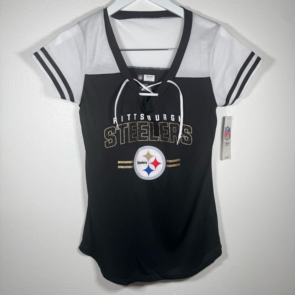 NWT Pittsburgh Steelers Womens Medium Lace Up V Neck NFL Team Apparel